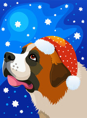 Whimsical St. Bernard Dog Wearing Santa Hat Against Starry Night Sky