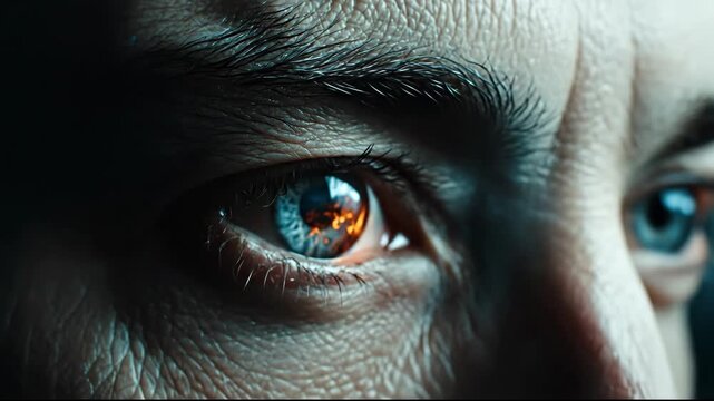 Futuristic Human Eye Reflecting A Burning City Skyline.