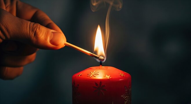 Close-up of a hand lighting a decorative red candle with a match, creating a warm glow and smoke in a dark, festive setting.