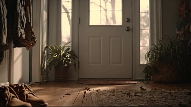 Warm Sunlight Streams into a Cozy Home Entryway with Boots by the Door.