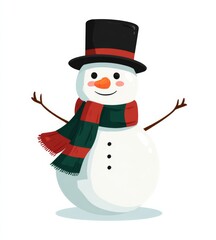 Cheerful Snowman with a Black Top Hat and Colorful Scarf Welcoming the Winter Season with a Warm Smile and Outstretched Arms for Festive Fun