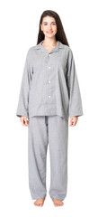Fototapeta premium Woman png mockup in gray pajamas unisex sleepwear apparel full body