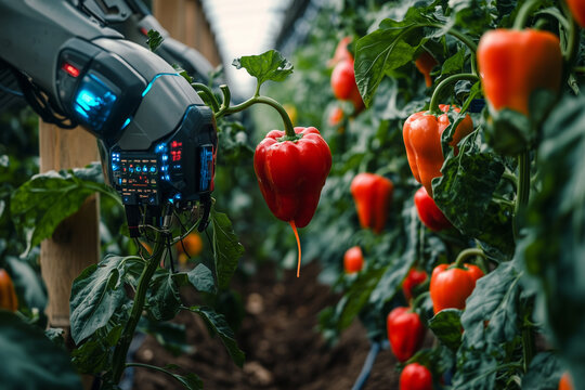 Artificial intelligence robot analysis on organic bell pepper and glowing network connecting symbolizing technological advancement.