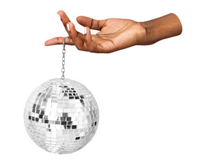 PNG Hand holding a silver disco ball collage element, transparent background