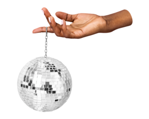 PNG Hand holding a silver disco ball collage element, transparent background