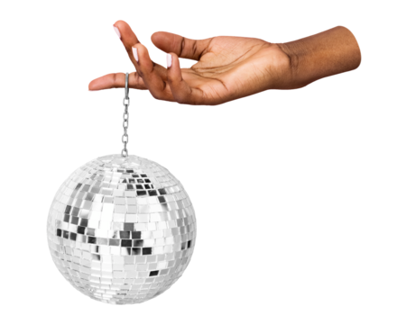 PNG Hand holding a silver disco ball collage element, transparent background