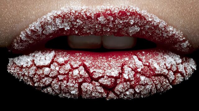 Extreme Macro View of Painfully Chapped and Frosted Lips.