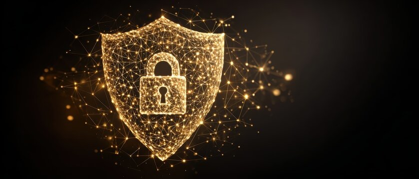 Digital Security Shield with Lock Icon in Golden Network of Connecting Particles and Lines Representing Cyber Protection