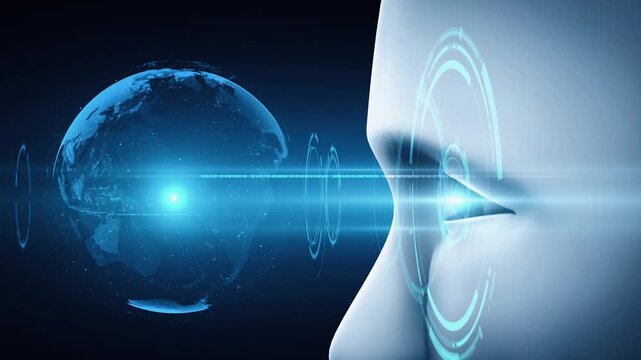 Robot hominoid face close up with graphic concept of AI thinking brain , artificial intelligence and machine learning process for the 4th fourth industrial revolution. 3D rendering