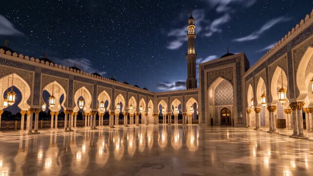 Time Lapse of the Prophets Mosque in Medina from Sunset to Night.