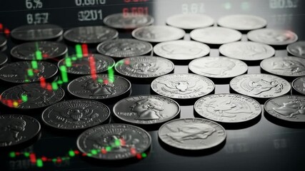 A close-up shot of US currency (half dollars) with a stock market graph overlayed - Powered by Adobe