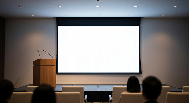 Empty conference hall with podium and blank screen for Presenter with Audience Mockup and corporate design