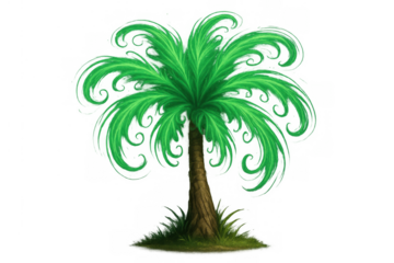 Stylized palm tree illustration featuring green curly fronds, tropical island foliage, and game asset elements on transparent background