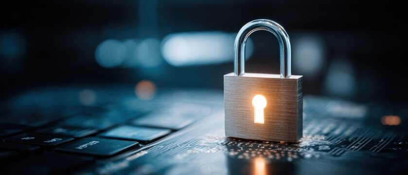Close-up of a metallic padlock with a glowing keyhole symbol placed on a keyboard representing cyber security and data protection concept