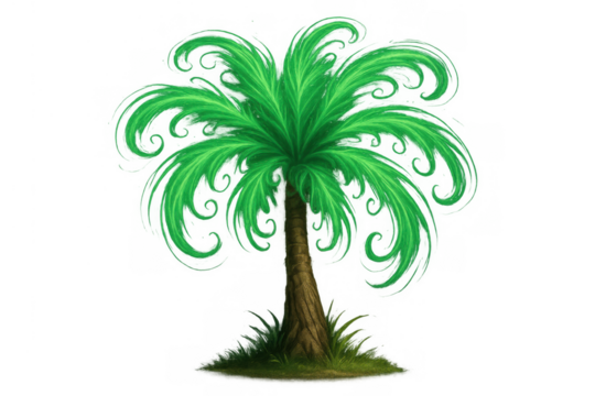 Stylized palm tree illustration featuring green curly fronds, tropical island foliage, and game asset elements on transparent background