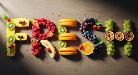 Word FRESH spelled out with colorful variety of fruits on wooden background. Creative food typography with pineapple, berries, kiwi, and grapes. Healthy eating concept.