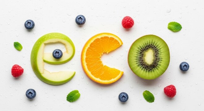 "ECO" word spelled with fresh fruit slices: apple, blueberry, tangerine, kiwi, and raspberry. Healthy eating and ecology concept on a gray background with water drops. - Powered by Adobe