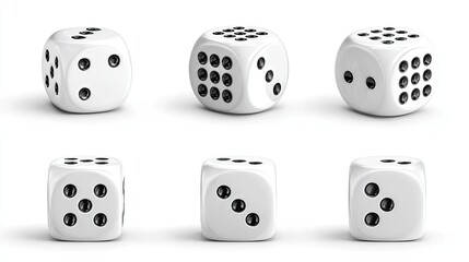 Six white dice show various numbered faces in a grid formation.