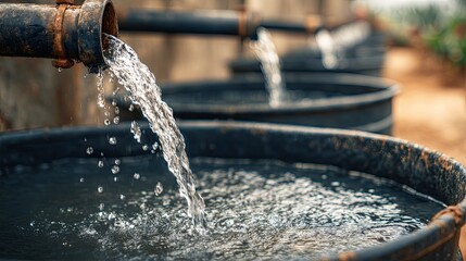 Water flows from a pipe into barrels, showcasing a serene scene of water collection and management in an outdoor setting.