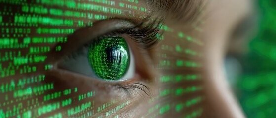 Close-up of a human eye with bright green iris and digital green code cascading around it, representing technology and cybersecurity themes