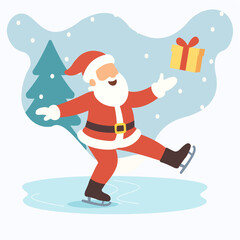 Santa Claus Ice Skating and Throwing Gift in Modern Flat Style Illustration