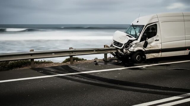 A white van rests crashed against a guardrail at the edge of a road overlooking a gray sea