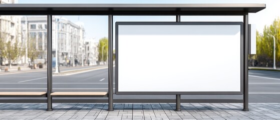 Fototapeta premium Modern bus stop shelter with blank advertising display overlooking city street with trees and buildings du daytime