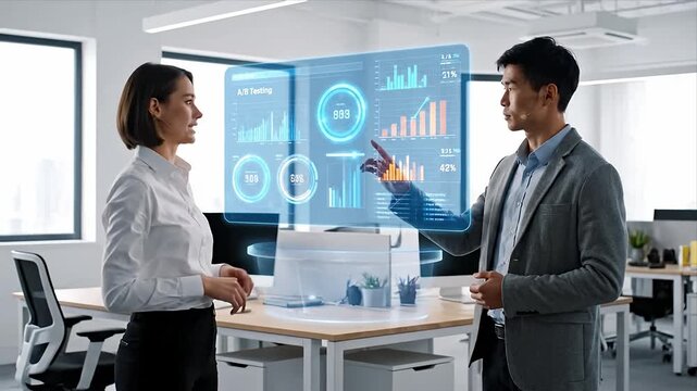 Two business professionals discussing AB testing data on a futuristic holographic screen in a modern office Analyzing marketing analytics and performance metric