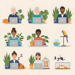 Fototapeta premium People Working at Home with Pets and Plants in a Modern Cozy Environment