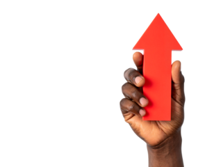 A hand holds and presents a large, solid red arrow pointing straight upwards, symbolizing growth and positive direction, isolated on a light gray
