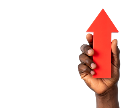 A hand holds and presents a large, solid red arrow pointing straight upwards, symbolizing growth and positive direction, isolated on a light gray