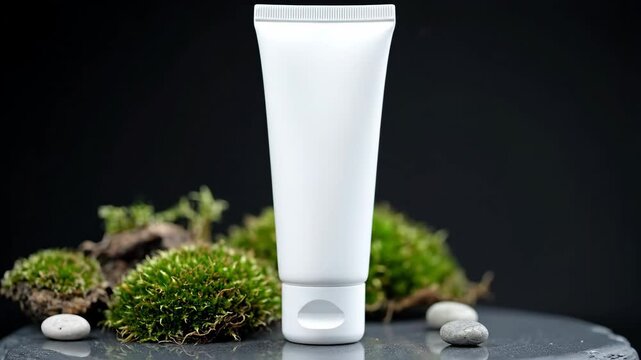 White tube product mockup on a stone with moss and pebbles, black background, for cosmetic use