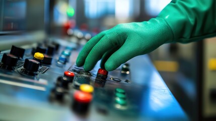 Industrial Worker Adjusting Control Panel in a Factory Environment