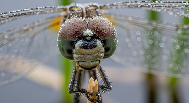 macro close-up of a dragonfly compound eyes with dew, perched on reed near pond, natural bokeh - Powered by Adobe