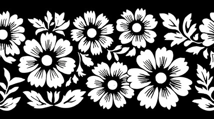 Obraz premium Seamless white floral pattern borders a black background with repeating blossoms.