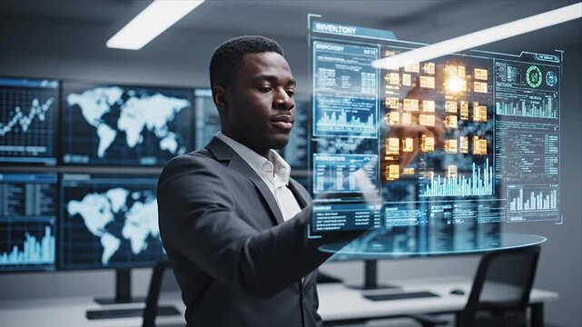 Young Black Executive Analyzing Data on a Futuristic Holographic Display in a Modern Control Room AI and Digital Transformation for Global Business Strategy