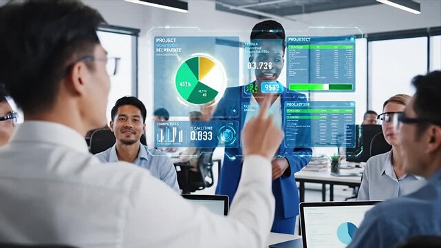Futuristic Business Presentation Woman presents holographic data and project analytics to diverse team using augmented reality in a modern office showcasing dig - Powered by Adobe