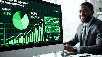 Professional African American businessman analyzes financial growth data on computer screen in modern office showing charts and performance metrics - Powered by Adobe