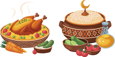 Colorful festive food illustration, decorative rice bowl with roasted chicken, vegetables, crescent moon design, cultural cuisine artwork, traditional meal celebration, vibrant culinary vector art