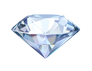 Faceted, transparent gemstone shimmers with light, casting gradients of white, blue, and purple against a black background
