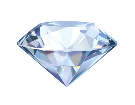 Faceted, transparent gemstone shimmers with light, casting gradients of white, blue, and purple against a black background