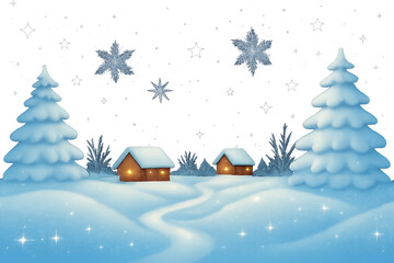 christmas winter landscape - Winter Landscape with Cozy Cabins, Snow-Covered Trees, Winding Path, and Falling Snowflakes – Serene Seasonal Scene Representing Peace, Warmth, and Holiday Charm