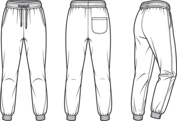 Jogger pants technical flat sketch, fashion design template front back side view, elastic waistband drawstring pockets cuffed ankle, apparel illustration garment production vector