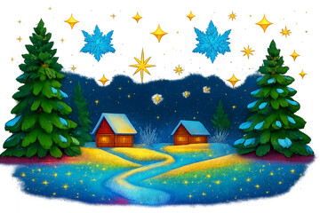 christmas tree and house  - Whimsical Winter Night Scene with Cozy Cabins, Snowy Trees, Glowing Path, and Decorative Stars and Snowflakes – Enchanted Holiday Landscape in Blue and Gold Tones