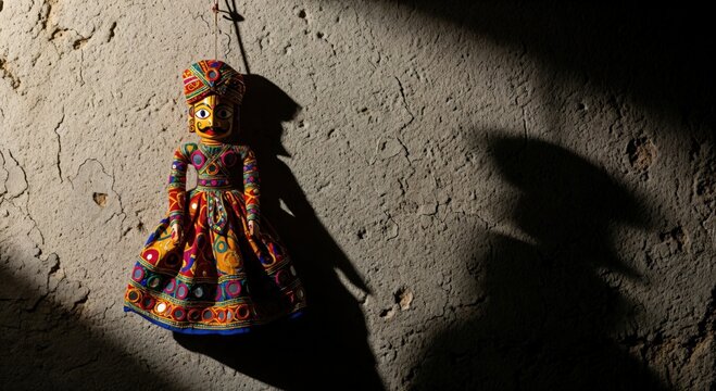 Vibrant Rajasthani male puppet with intricate mirror work dress and turban against an old textured wall in dramatic light