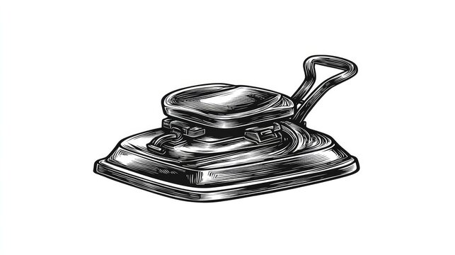 Handheld floor sander with handle in detailed engraving style.