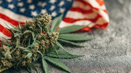 Cannabis flower and leaves with American flag in background symbolizing legalization and patriotism within the marijuana industry