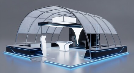 Stunning modern exhibition booth with futuristic glowing accents and sleek architectural design, perfect for tech events and product launches