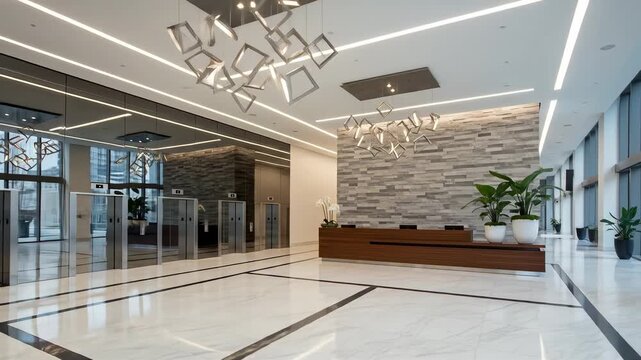 A modern lobby with a marble floor, stone wall, elevators, plants, and geometric lighting fixtures
