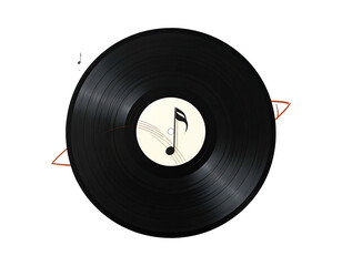 Obraz premium A black vinyl record spins on black, sporting an off-white label with a centered musical note icon